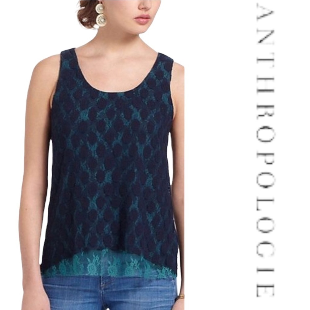 ANTHROPOLOGIE Lace Overlay Tank Top Navy Blue turquoise  women’s blouse size XS